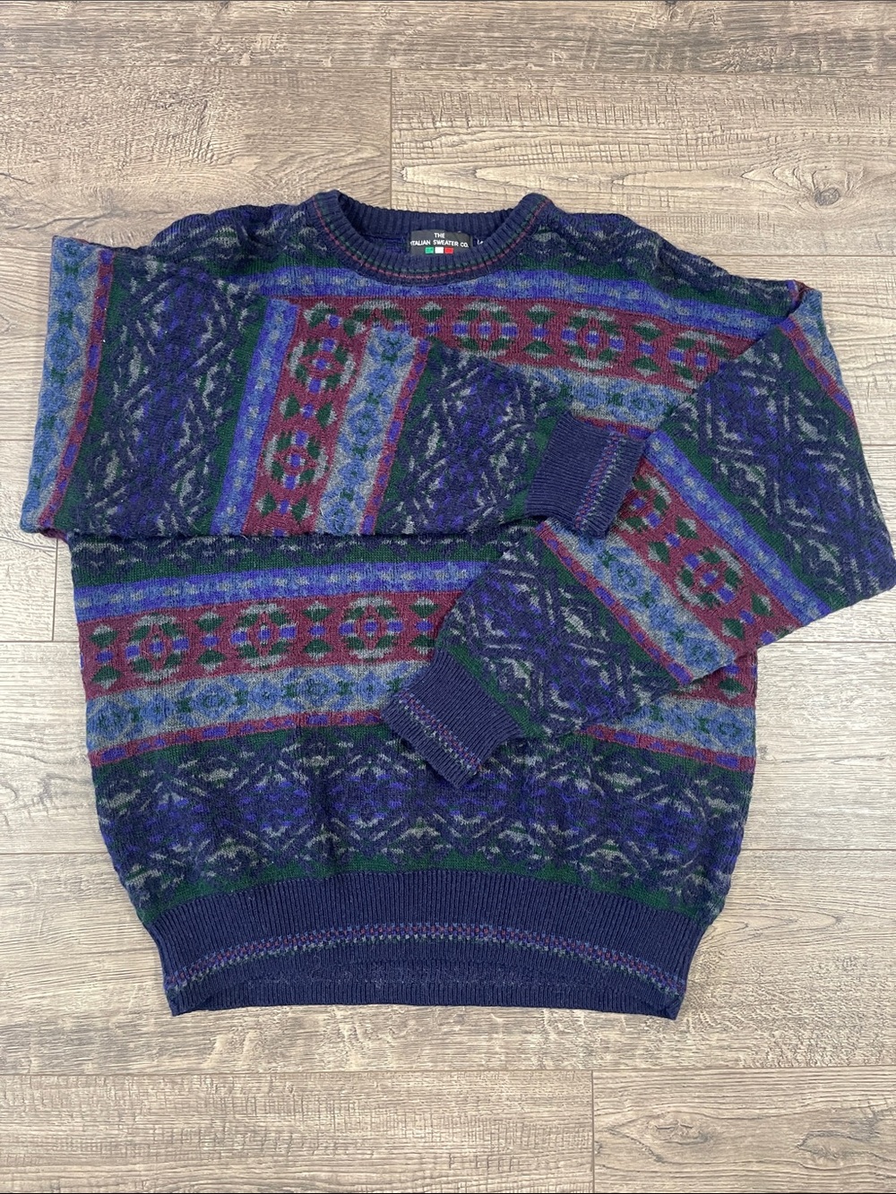 Men's Navy Patterned Crewneck Sweater with Burgundy and Green Accents